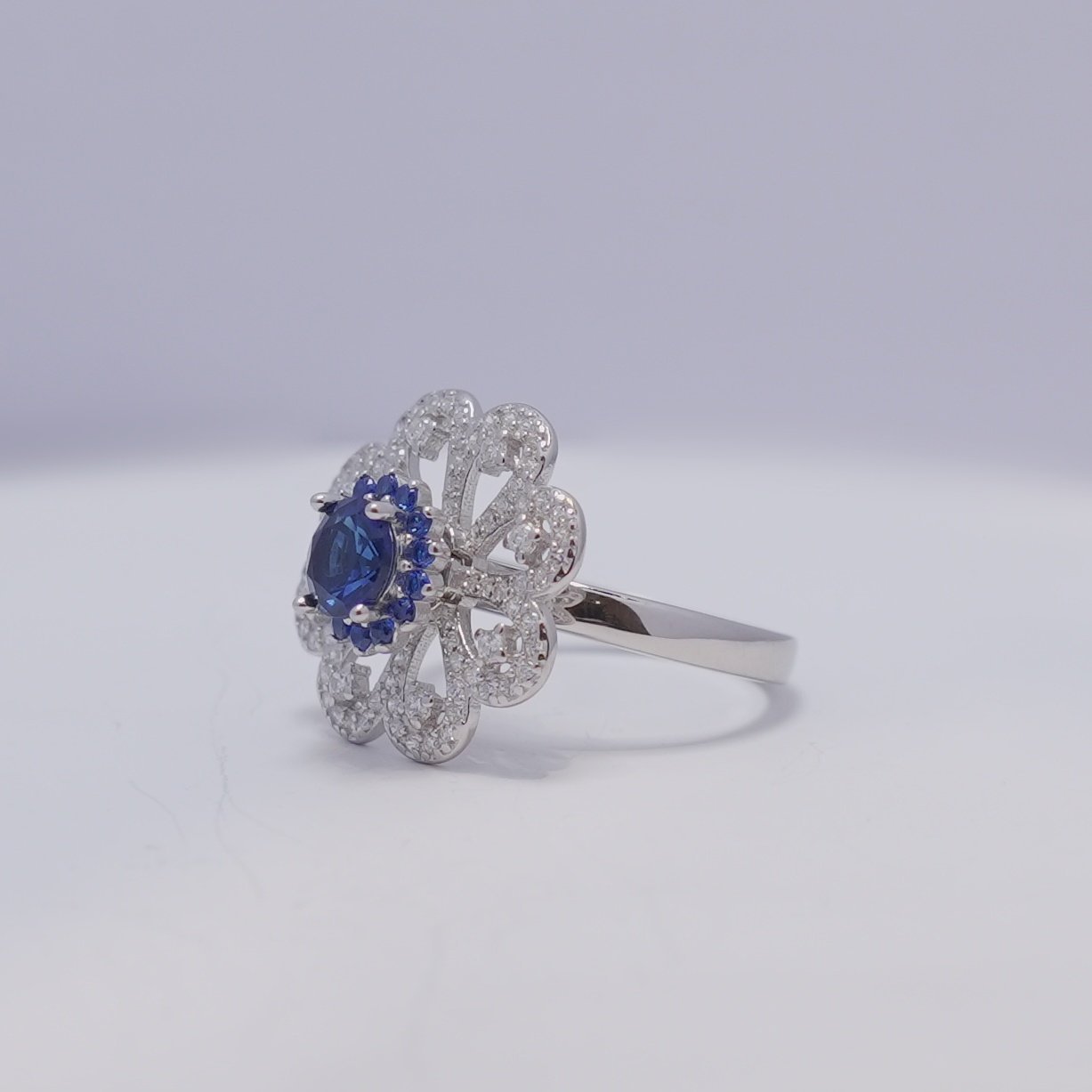 Silver Royal Blue Cutstone AD Modern Floral Rotatable Ring - Image 8
