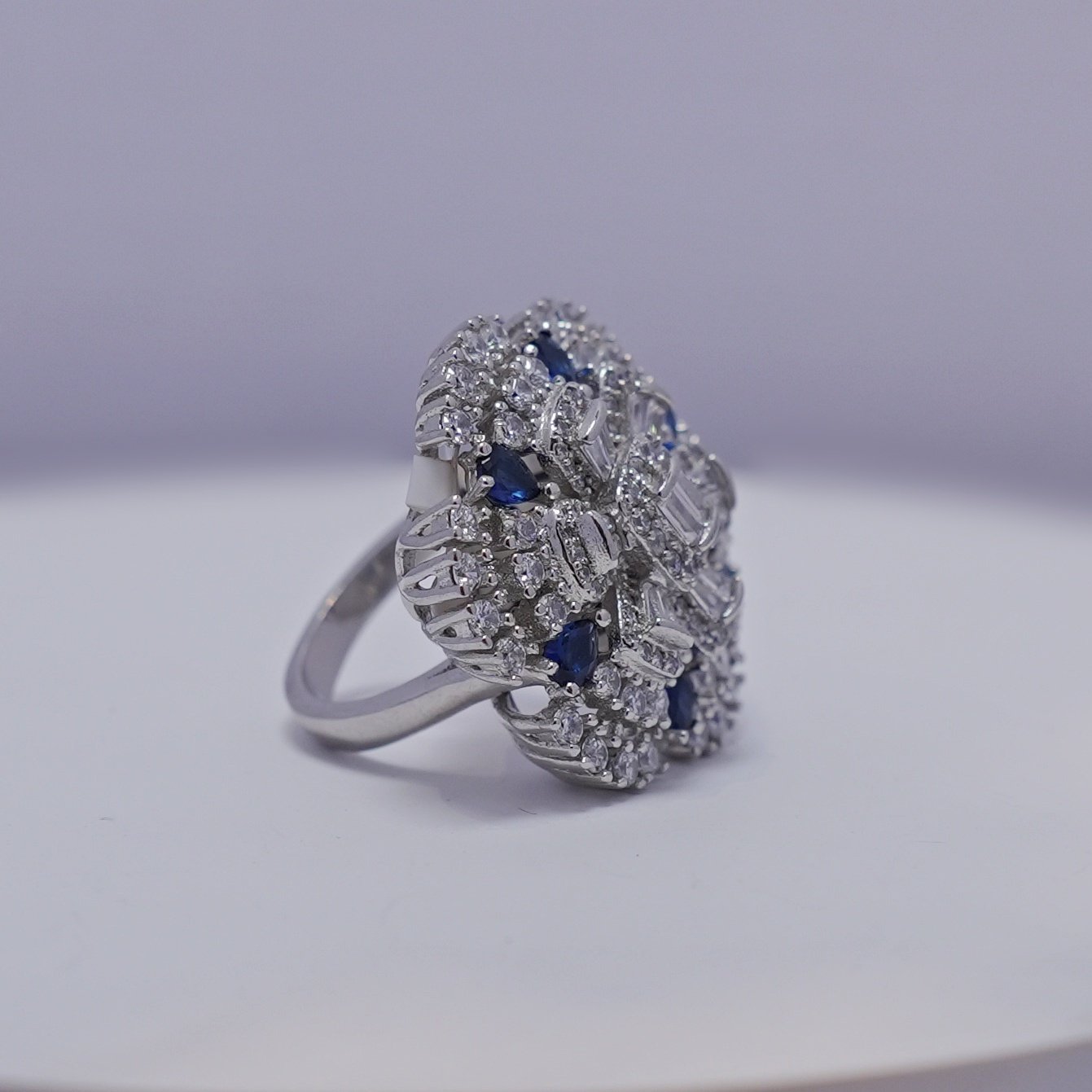 Silver Royal Blue Cutstone AD Modern Floral Rotatable Ring - Image 7