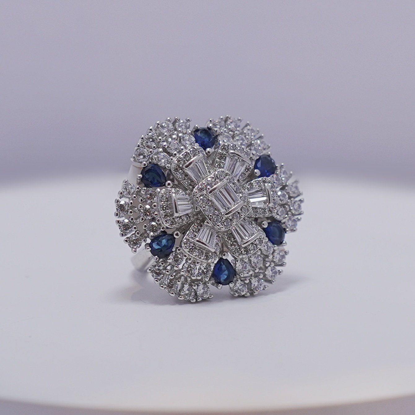 Silver Royal Blue Cutstone AD Modern Floral Rotatable Ring - Image 8