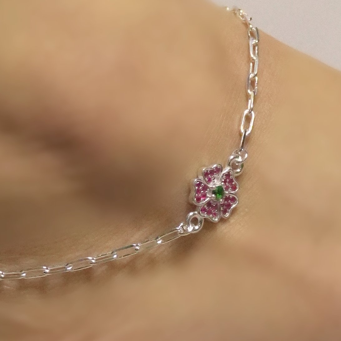 Sterling Studded Pink Flower Shape Italian Anklet - Image 3