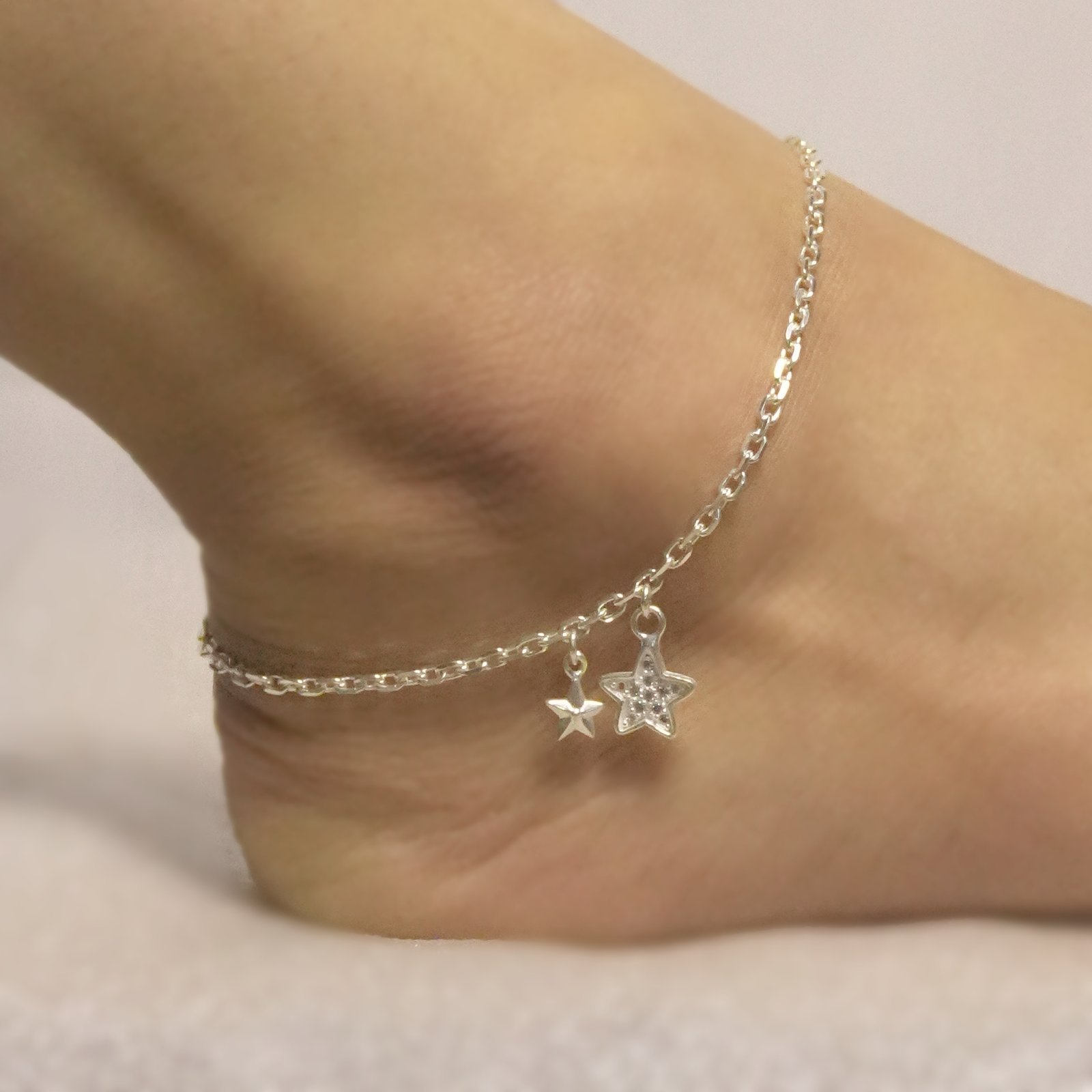 Sterling Silver Charm Star Link Chain White Anklet