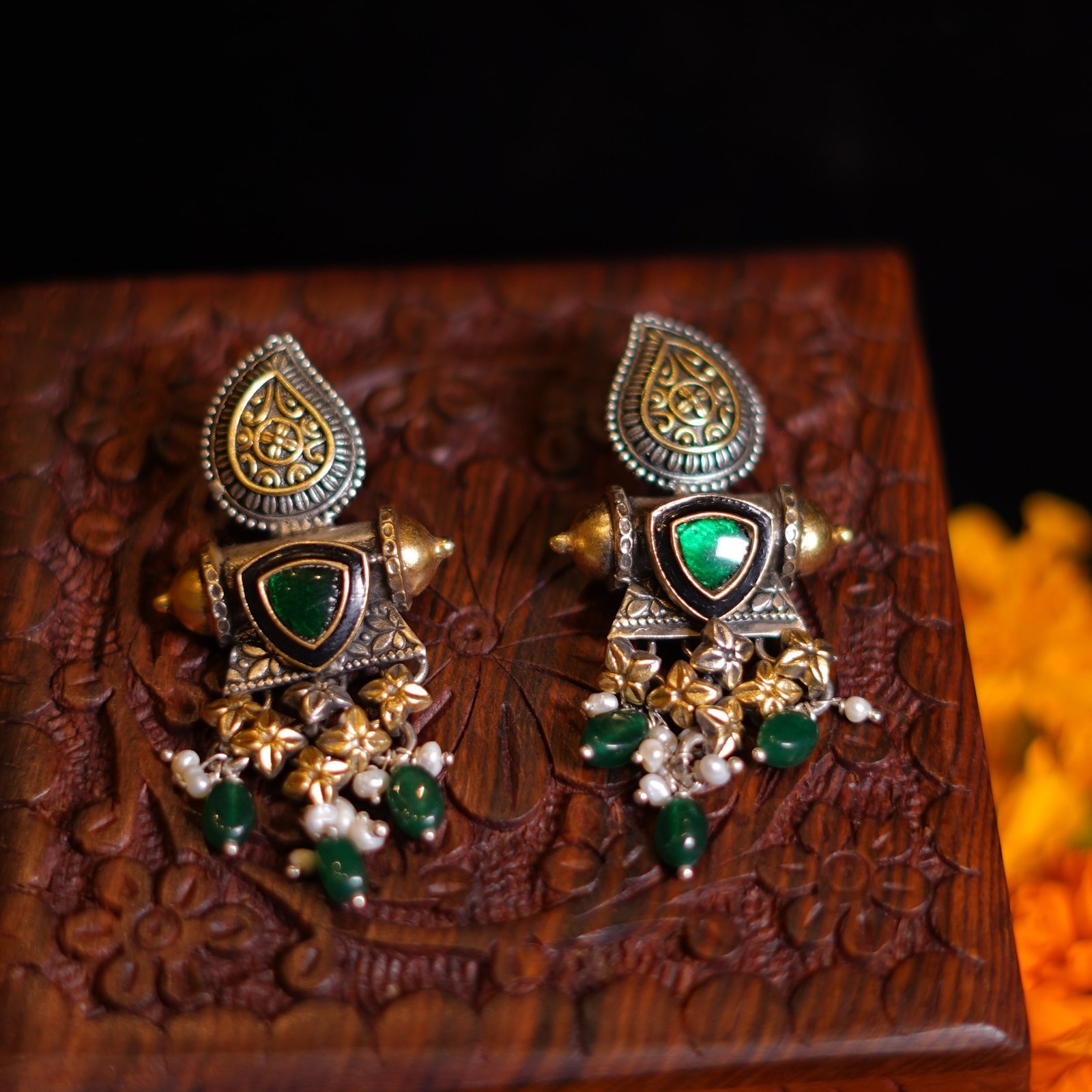 Oxidised Green Cutstone Traditional Earrings - Image 2