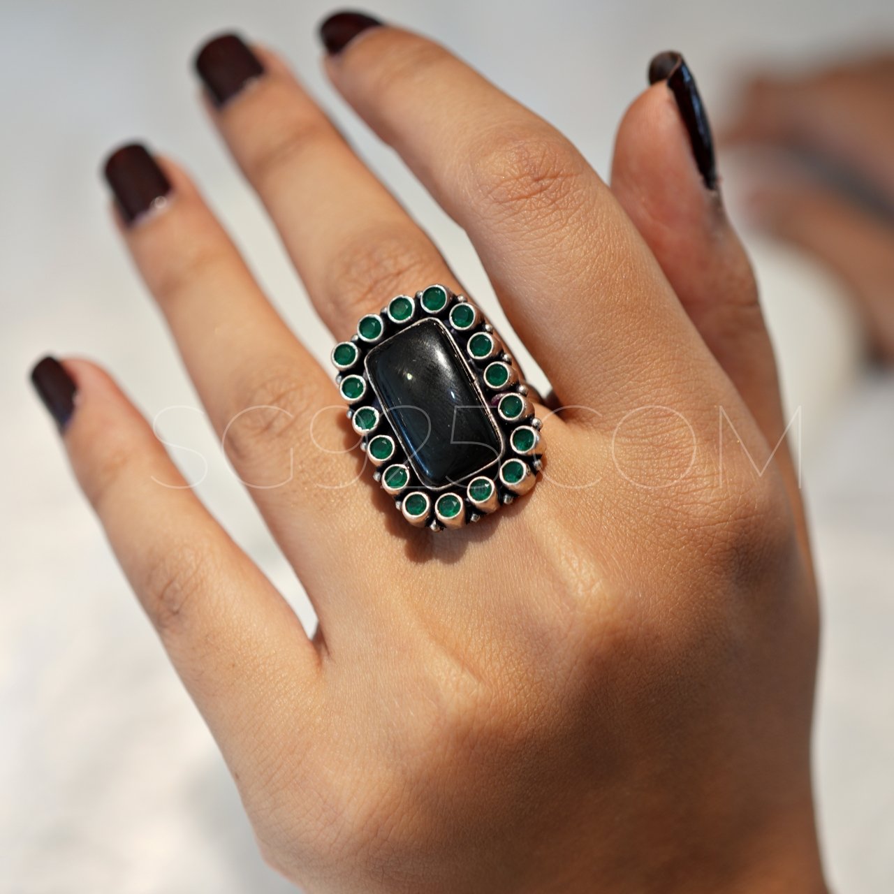 Silver Green Cutstone AD Tika Ring