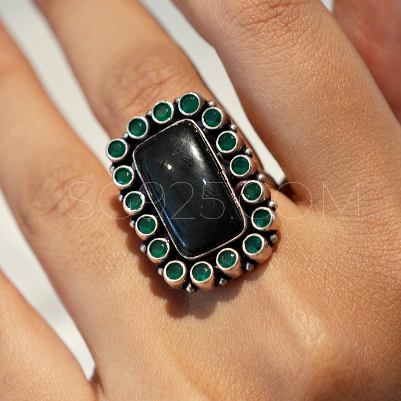 Silver Green Cutstone AD Tika Ring - Image 2