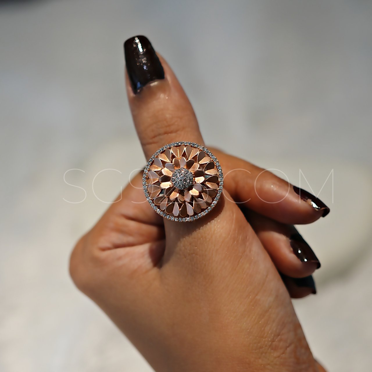 Traditional Oxidised Pink Cutstone Floral Ring