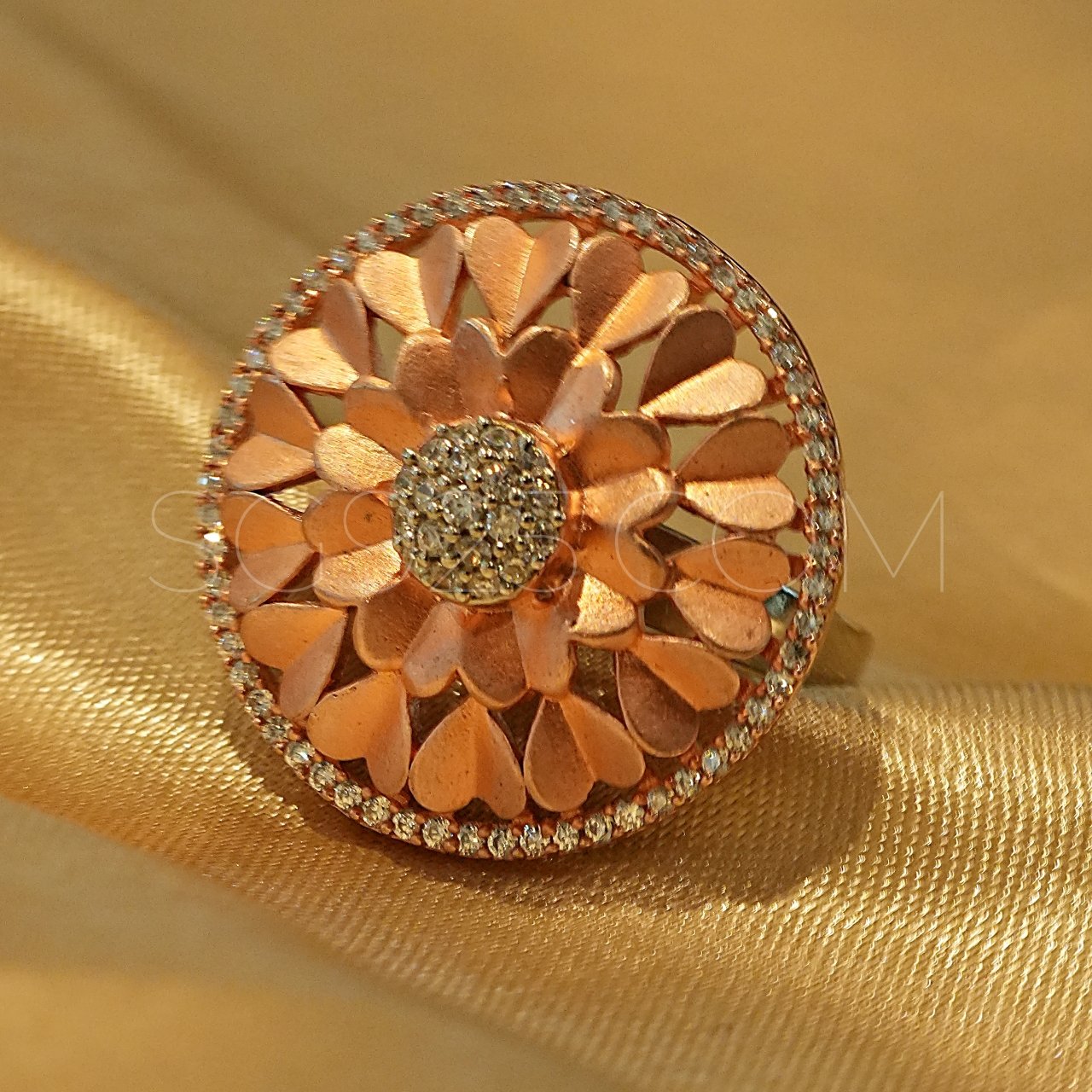 Traditional Oxidised Pink Cutstone Floral Ring - Image 3