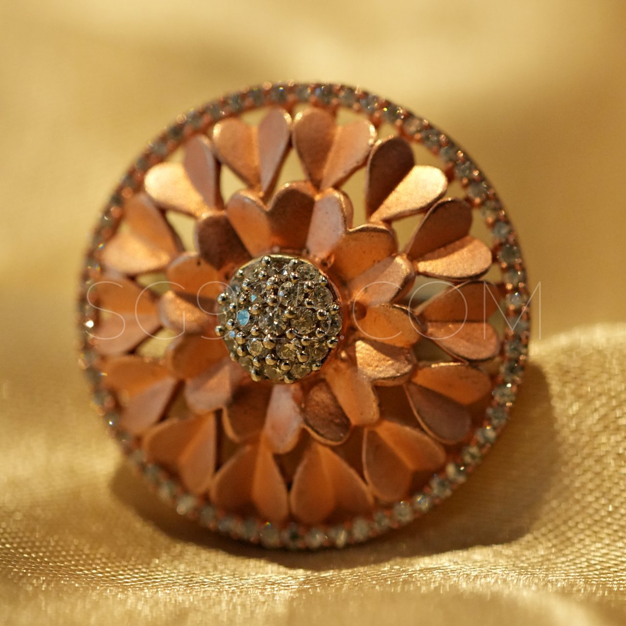 Traditional Oxidised Pink Cutstone Floral Ring - Image 5
