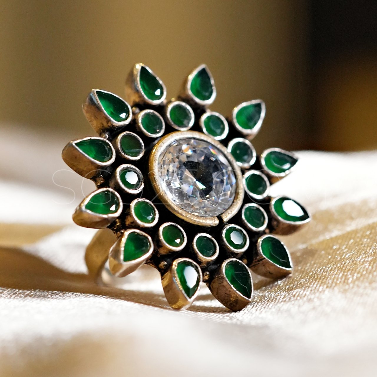 Traditional Oxidised Green Cutstone Floral Ring