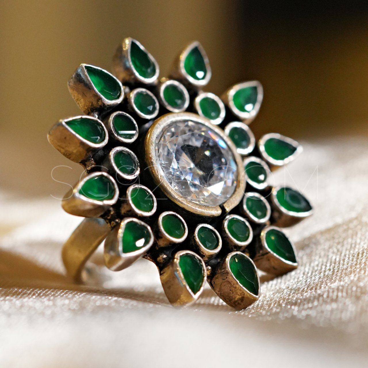 Traditional Oxidised Green Cutstone Floral Ring - Image 2
